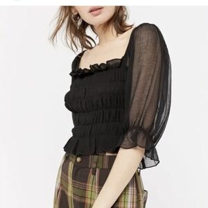 Urban Outfitters Square Neck Ruffle Top Women's Extra Small Black Sheer Smocked